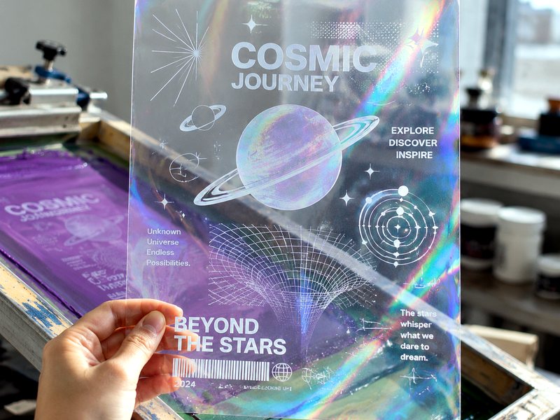 Tarjeta transparente COSMIC JOURNEY impresa en cartulina transparente de inyección, iridiscente a contraluz