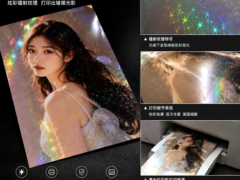 Retrato impreso en papel láser diamante, el patrón láser forma partículas irisadas bajo la luz