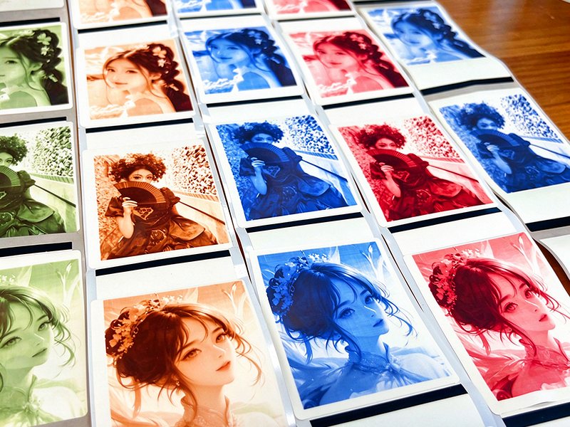 Copias fotográficas en color sobre papel adhesivo de película blanca, autoadhesivo